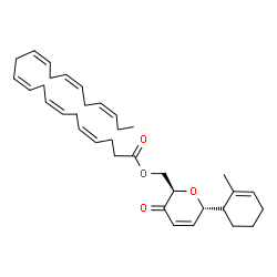 ChemSpider 2D Image | {(2R,6S)-6-[(1R)-2-Methyl-2-cyclohexen-1-yl]-3-oxo-3,6-dihydro-2H-pyran-2-yl}methyl (4Z,7Z,10Z,13Z,16Z,19Z)-4,7,10,13,16,19-docosahexaenoate | C35H48O4