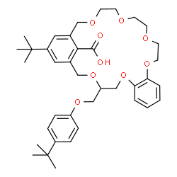 ChemSpider 2D Image | 14-tert-butyl-19-[(4-tert-butylphenoxy)methyl]-2,3,5,6,8,9,19,20-octahydro-11H-12,16-(metheno)-1,4,7,10,18,21-benzohexaoxacyclotricosine-26(17H)-carboxylic acid | C38H50O9