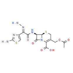 ChemSpider 2D Image | (6R,7R)-3-(Acetoxymethyl)-7-{[(2E)-2-(2-amino-1,3-thiazol-4-yl)-2-hydrazonoacetyl]amino}-8-oxo-5-thia-1-azabicyclo[4.2.0]oct-2-ene-2-carboxylic acid | C15H16N6O6S2
