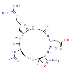 ChemSpider 2D Image | [(4S,7R,13S,16S)-16-Acetamido-13-(3-carbamimidamidopropyl)-4-carbamoyl-3,3,14-trimethyl-6,9,12,15-tetraoxo-1,2-dithia-5,8,11,14-tetraazacycloheptadecan-7-yl]acetic acid | C23H39N9O8S2