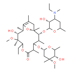 ChemSpider 2D Image | (2R,3R,4S,11R,12S)-5-Ethyl-11-({(3R)-4-[ethyl(methyl)amino]-3-hydroxy-6-methyltetrahydro-2H-pyran-2-yl}oxy)-3-hydroxy-9-{[(2R,4R,5S)-5-hydroxy-4-methoxy-4,6-dimethyltetrahydro-2H-pyran-2-yl]oxy}-4-met
hoxy-2,4,8,10,12,14-hexamethyl-6,15-dioxabicyclo[10.2.1]pentadec-1(14)-en-7-one | C39H69NO12