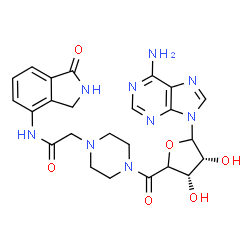 ChemSpider 2D Image | 2-(4-{[(3S,4R)-5-(6-Amino-9H-purin-9-yl)-3,4-dihydroxytetrahydro-2-furanyl]carbonyl}-1-piperazinyl)-N-(1-oxo-2,3-dihydro-1H-isoindol-4-yl)acetamide | C24H27N9O6