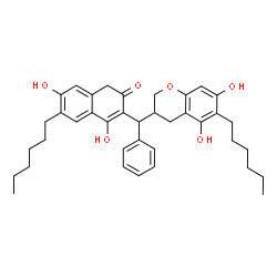 ChemSpider 2D Image | 6-Hexyl-3-[(6-hexyl-5,7-dihydroxy-3,4-dihydro-2H-chromen-3-yl)(phenyl)methyl]-4,7-dihydroxy-2(1H)-naphthalenone | C38H46O6