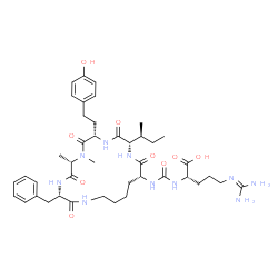ChemSpider 2D Image | N~2~-({(3S,6S,9S,12S,15R)-3-Benzyl-12-[(2S)-2-butanyl]-9-[2-(4-hydroxyphenyl)ethyl]-6,7-dimethyl-2,5,8,11,14-pentaoxo-1,4,7,10,13-pentaazacyclononadecan-15-yl}carbamoyl)-L-arginine | C42H62N10O9