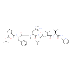 ChemSpider 2D Image | 1-(tert-butoxycarbonyl)-L-prolyl-L-phenylalanyl-N-[5-hydroxy-2,8-dimethyl-7-({(2S)-3-methyl-1-oxo-1-[(pyridin-2-ylmethyl)amino]pentan-2-yl}carbamoyl)nonan-4-yl]-Nalpha-methyl-L-histidinamide | C50H75N9O8