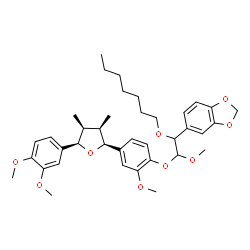 ChemSpider 2D Image | 5-[2-{4-[(2S,3R,4S,5R)-5-(3,4-Dimethoxyphenyl)-3,4-dimethyltetrahydro-2-furanyl]-2-methoxyphenoxy}-1-(heptyloxy)-2-methoxyethyl]-1,3-benzodioxole | C38H50O9