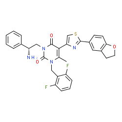 ChemSpider 2D Image | 3-[(2R)-2-Amino-2-phenylethyl]-1-(2,6-difluorobenzyl)-5-[2-(2,3-dihydro-1-benzofuran-5-yl)-1,3-thiazol-4-yl]-6-methyl-2,4(1H,3H)-pyrimidinedione | C31H26F2N4O3S