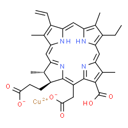 ChemSpider 2D Image | Copper(2+) 3-[(2S,3S)-18-carboxy-20-(carboxylatomethyl)-13-ethyl-3,7,12,17-tetramethyl-8-vinyl-2,3-dihydro-2-porphyrinyl]propanoate | C34H34CuN4O6