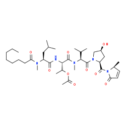 ChemSpider 2D Image | (2S,3S)-4-[{(2S)-1-[(2S,4S)-4-Hydroxy-2-{[(2S)-2-methyl-5-oxo-2,5-dihydro-1H-pyrrol-1-yl]carbonyl}-1-pyrrolidinyl]-3-methyl-1-oxo-2-butanyl}(methyl)amino]-3-[(N-methyl-N-octanoyl-L-leucyl)amino]-4-oxo
-2-butanyl acetate | C37H61N5O9