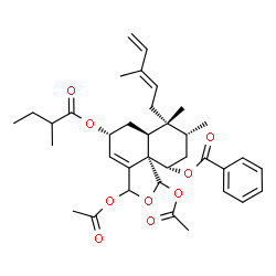 ChemSpider 2D Image | (1R,5R,6aS,7R,8R,10S,10aS)-1,3-Diacetoxy-7,8-dimethyl-5-[(2-methylbutanoyl)oxy]-7-[(2E)-3-methyl-2,4-pentadien-1-yl]-3,5,6,6a,7,8,9,10-octahydronaphtho[1,8a-c]furan-10-yl benzoate | C36H46O9