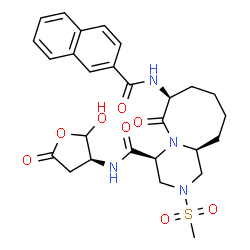 ChemSpider 2D Image | (4S,7S,11aS)-N-[(3S)-2-Hydroxy-5-oxotetrahydro-3-furanyl]-2-(methylsulfonyl)-7-(2-naphthoylamino)-6-oxodecahydro-2H-pyrazino[1,2-a]azocine-4-carboxamide | C27H32N4O8S