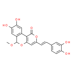 ChemSpider 2D Image | 3-[(E)-2-(3,4-Dihydroxyphenyl)vinyl]-8,9-dihydroxy-6-methoxy-1H,6H-pyrano[4,3-c]isochromen-1-one | C21H16O8