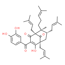 ChemSpider 2D Image | (1S,5S,7R,8S)-3-(3,4-Dihydroxybenzoyl)-4-hydroxy-8-methyl-1,5,7-tris(3-methyl-2-buten-1-yl)-8-(4-methyl-3-penten-1-yl)bicyclo[3.3.1]non-3-ene-2,9-dione | C38H50O6