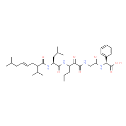 ChemSpider 2D Image | (2S)-({N-[3-({N-[(4E)-2-Isopropyl-7-methyl-4-octenoyl]-L-leucyl}amino)-2-oxohexanoyl]glycyl}amino)(phenyl)acetic acid | C34H52N4O7