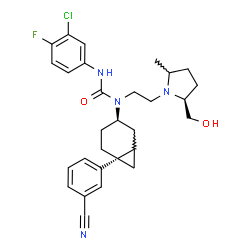 ChemSpider 2D Image | 3-(3-Chloro-4-fluorophenyl)-1-[(3R,6S)-6-(3-cyanophenyl)bicyclo[4.1.0]hept-3-yl]-1-{2-[(2S)-2-(hydroxymethyl)-5-methyl-1-pyrrolidinyl]ethyl}urea | C29H34ClFN4O2