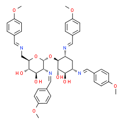ChemSpider 2D Image | (1S,2S,3R,4S,6R)-2,3-Dihydroxy-4,6-bis[(E)-(4-methoxybenzylidene)amino]cyclohexyl 2,6-dideoxy-6-[(E)-(4-methoxybenzylidene)amino]-2-[(Z)-(4-methoxybenzylidene)amino]-alpha-D-glucopyranoside | C44H50N4O10