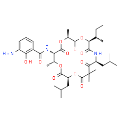 ChemSpider 2D Image | 3-amino-N-[(2S,5S,8S,13S,16R,17S)-5-(butan-2-yl)-2,10,10,16-tetramethyl-8,13-bis(2-methylpropyl)-3,6,9,11,14,18-hexaoxo-1,4,12,15-tetraoxa-7-azacyclooctadecan-17-yl]-2-hydroxybenzamide | C36H53N3O12