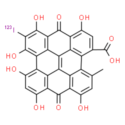ChemSpider 2D Image | 1,6,8,10,11,13-Hexahydroxy-12-(~123~I)iodo-4-methyl-7,14-dioxo-7,14-dihydrophenanthro[1,10,9,8-opqra]perylene-3-carboxylic acid | C30H13123IO10