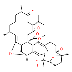 ChemSpider 2D Image | Methyl (1S,2E,5S,6R,9R,10R,13E,15R,16R,19R,22S,26R,27Z,29R)-5,10-dihydroxy-19-isopropyl-1,5,9,13,22,26-hexamethyl-18,21-dioxo-31,32-dioxapentacyclo[26.2.1.1~6,9~.0~2,15~.0~16,29~]dotriaconta-2,13,27-t
riene-16-carboxylate | C41H62O8