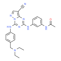 ChemSpider 2D Image | N-(3-{[8-Cyano-4-({4-[(diethylamino)methyl]phenyl}amino)pyrazolo[1,5-a][1,3,5]triazin-2-yl]amino}phenyl)acetamide | C25H27N9O