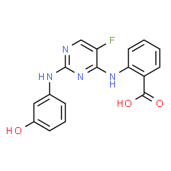 ChemSpider 2D Image | 2-({5-Fluoro-2-[(3-hydroxyphenyl)amino]-4-pyrimidinyl}amino)benzoic acid | C17H13FN4O3