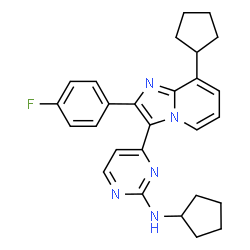 ChemSpider 2D Image | N-Cyclopentyl-4-[8-cyclopentyl-2-(4-fluorophenyl)imidazo[1,2-a]pyridin-3-yl]-2-pyrimidinamine | C27H28FN5