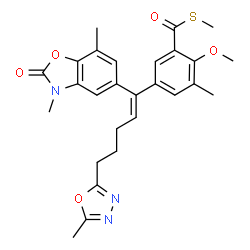 ChemSpider 2D Image | S-Methyl 5-[(1Z)-1-(3,7-dimethyl-2-oxo-2,3-dihydro-1,3-benzoxazol-5-yl)-5-(5-methyl-1,3,4-oxadiazol-2-yl)-1-penten-1-yl]-2-methoxy-3-methylbenzenecarbothioate | C27H29N3O5S