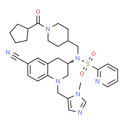 ChemSpider 2D Image | N-{6-Cyano-1-[(1-methyl-1H-imidazol-5-yl)methyl]-1,2,3,4-tetrahydro-3-quinolinyl}-N-{[1-(cyclopentylcarbonyl)-4-piperidinyl]methyl}-2-pyridinesulfonamide | C32H39N7O3S
