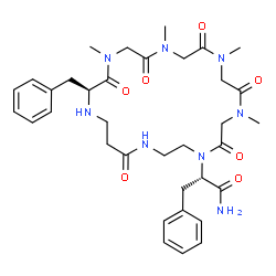 ChemSpider 2D Image | (2S)-2-[(18S)-18-Benzyl-7,10,13,16-tetramethyl-5,8,11,14,17,22-hexaoxo-1,4,7,10,13,16,19-heptaazacyclodocosan-4-yl]-3-phenylpropanamide | C35H48N8O7