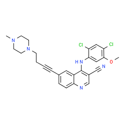 ChemSpider 2D Image | 4-[(2,4-Dichloro-5-methoxyphenyl)amino]-6-[4-(4-methyl-1-piperazinyl)-1-butyn-1-yl]-3-quinolinecarbonitrile | C26H25Cl2N5O