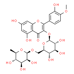 ChemSpider 2D Image | 5,7-Dihydroxy-2-(3-hydroxy-4-methoxyphenyl)-4-oxo-4H-chromen-3-yl 6-O-(6-deoxy-beta-D-mannopyranosyl)-beta-D-glucopyranoside | C28H32O16