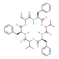 ChemSpider 2D Image | (3S,6R,9S,12R,15S,18R)-3,9,15-Tribenzyl-6-ethyl-12,18-diisopropyl-4,10,16-trimethyl-1,7,13-trioxa-4,10,16-triazacyclooctadecane-2,5,8,11,14,17-hexone | C44H55N3O9