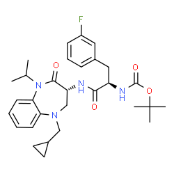 ChemSpider 2D Image | tert-butyl [(2R)-1-{[(3R)-5-(cyclopropylmethyl)-2-oxo-1-(propan-2-yl)-2,3,4,5-tetrahydro-1H-1,5-benzodiazepin-3-yl]amino}-3-(3-fluorophenyl)-1-oxopropan-2-yl]carbamate | C30H39FN4O4