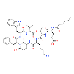 ChemSpider 2D Image | N-[(2S,5S,8S,11R,12S,15S,18S,21R)-15-(4-Aminobutyl)-2-benzyl-21-hydroxy-5-(1H-indol-3-ylmethyl)-8-isopropyl-4,11-dimethyl-3,6,9,13,16,22-hexaoxo-10-oxa-1,4,7,14,17-pentaazabicyclo[16.3.1]docos-12-yl]-
N~2~-hexanoyl-L-alpha-glutamine | C52H73N9O12