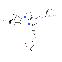 ChemSpider 2D Image | Methyl 6-{6-[(3-chlorobenzyl)amino]-9-[(1S,2R,3S,4R,5S)-3,4-dihydroxy-5-(methylcarbamoyl)bicyclo[3.1.0]hex-2-yl]-9H-purin-2-yl}-5-hexynoate | C27H29ClN6O5