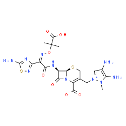 ChemSpider 2D Image | (6R,7R)-7-{[(2Z)-2-(5-amino-1,2,4-thiadiazol-3-yl)-2-{[(2-carboxypropan-2-yl)oxy]imino}acetyl]amino}-3-[(4,5-diamino-1-methyl-1H-pyrazol-2-ium-2-yl)methyl]-8-oxo-5-thia-1-azabicyclo[4.2.0]oct-2-ene-2-carboxylate | C20H24N10O7S2