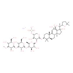 ChemSpider 2D Image | Sodium (3beta,12alpha,13alpha)-12,17-dihydroxy-18-oxo-18,20:22,25-diepoxylanost-9(11)-en-3-yl 3-O-methyl-beta-D-glucopyranosyl-(1->3)-beta-D-glucopyranosyl-(1->4)-6-deoxy-beta-D-glucopyranosyl-(1->2)-
4-O-sulfonato-beta-D-xylopyranoside | C54H85NaO27S