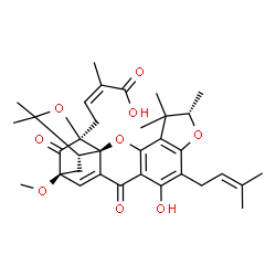 ChemSpider 2D Image | (2Z)-4-[(1R,2R,7S,16S,18S)-11-Hydroxy-16-methoxy-6,6,7,20,20-pentamethyl-10-(3-methyl-2-buten-1-yl)-13,17-dioxo-3,8,19-trioxahexacyclo[14.4.1.0~2,14~.0~2,18~.0~4,12~.0~5,9~]henicosa-4,9,11,14-tetraen-
18-yl]-2-methyl-2-butenoic acid | C34H40O9
