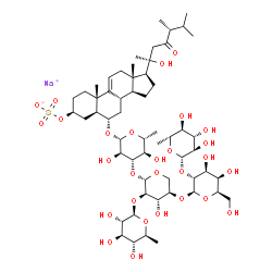 ChemSpider 2D Image | Sodium (3beta,5alpha,6alpha,20R)-6-{[6-deoxy-beta-L-glucopyranosyl-(1->2)-[6-deoxy-beta-D-glucopyranosyl-(1->2)-beta-D-galactopyranosyl-(1->4)]-beta-D-xylopyranosyl-(1->3)-6-deoxy-beta-D-glucopyranosy
l]oxy}-20-hydroxy-23-oxoergost-9(11)-en-3-yl sulfate | C57H93NaO28S