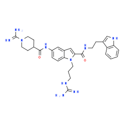 ChemSpider 2D Image | 1-(3-Carbamimidamidopropyl)-5-{[(1-carbamimidoyl-4-piperidinyl)carbonyl]amino}-N-[2-(1H-indol-3-yl)ethyl]-1H-indole-2-carboxamide | C30H38N10O2