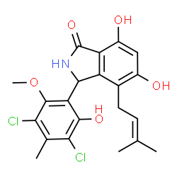 ChemSpider 2D Image | 3-(3,5-Dichloro-2-hydroxy-6-methoxy-4-methylphenyl)-5,7-dihydroxy-4-(3-methyl-2-buten-1-yl)-1-isoindolinone | C21H21Cl2NO5