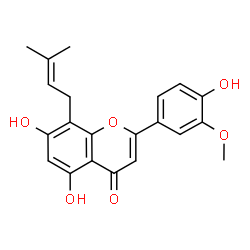 ChemSpider 2D Image | 5,7-Dihydroxy-2-(4-hydroxy-3-methoxyphenyl)-8-(3-methyl-2-buten-1-yl)-4H-chromen-4-one | C21H20O6