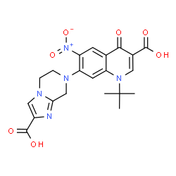 ChemSpider 2D Image | 7-(2-Carboxy-5,6-dihydroimidazo[1,2-a]pyrazin-7(8H)-yl)-1-(2-methyl-2-propanyl)-6-nitro-4-oxo-1,4-dihydro-3-quinolinecarboxylic acid | C21H21N5O7