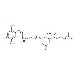 ChemSpider 2D Image | (6S,7R,10E,14S,15Z)-16-(2,5-Dihydroxy-4-methylphenyl)-6,14-dihydroxy-2,6,10,14-tetramethyl-2,10,15-hexadecatrien-7-yl acetate | C29H44O6