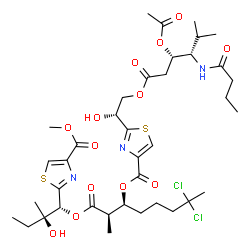 ChemSpider 2D Image | (2R,3S)-7,7-Dichloro-1-{(1R,2R)-2-hydroxy-1-[4-(methoxycarbonyl)-1,3-thiazol-2-yl]-2-methylbutoxy}-2-methyl-1-oxo-3-octanyl 2-[(1R)-2-{[(3S,4S)-3-acetoxy-4-(butyrylamino)-5-methylhexanoyl]oxy}-1-hydro
xyethyl]-1,3-thiazole-4-carboxylate | C38H55Cl2N3O13S2