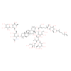 ChemSpider 2D Image | alpha-L-Arabinofuranosyl-(1->4)-[beta-D-glucopyranosyl-(1->3)]-6-deoxy-alpha-L-mannopyranosyl-(1->2)-1-O-[(3beta,16alpha,21beta)-21-{[(2E,6R)-6-({6-deoxy-4-O-[(2E,6R)-6-hydroxy-2,6-dimethyl-2,7-octadi
enoyl]-beta-D-glucopyranosyl}oxy)-2-(hydroxymethyl)-6-methyl-2,7-octadienoyl]oxy}-16-hydroxy-28-oxo-3-{[beta-D-xylopyranosyl-(1->2)-6-deoxy-beta-D-galactopyranosyl-(1->6)-2-acetamido-2-deoxy-beta-D-gl
ucopyranosyl]oxy}olean-12-en-28-yl]-beta-D-g | C98H155NO45