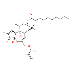 ChemSpider 2D Image | (1aR,1bS,4aR,7aS,7bR,8R,9aS)-4a,7b-Dihydroxy-1,1,6,8-tetramethyl-3-({[(2Z)-2-methyl-2-butenoyl]oxy}methyl)-5-oxo-1,1a,1b,4,4a,5,7a,7b,8,9-decahydro-9aH-cyclopropa[3,4]benzo[1,2-e]azulen-9a-yl decanoat
e | C35H52O7