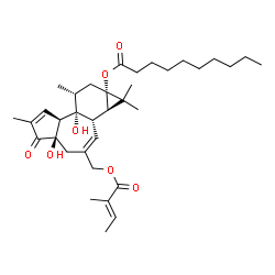 ChemSpider 2D Image | (1aR,1bS,4aR,7aS,7bR,8R,9aS)-4a,7b-Dihydroxy-1,1,6,8-tetramethyl-3-({[(2E)-2-methyl-2-butenoyl]oxy}methyl)-5-oxo-1,1a,1b,4,4a,5,7a,7b,8,9-decahydro-9aH-cyclopropa[3,4]benzo[1,2-e]azulen-9a-yl decanoat
e | C35H52O7