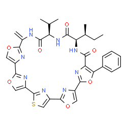 ChemSpider 2D Image | (20R,23R)-20-[(2S)-2-Butanyl]-23-isopropyl-26-methylene-16-phenyl-3,11,15,28-tetraoxa-7-thia-19,22,25,30,31,32,33,34-octaazahexacyclo[25.2.1.1~2,5~.1~6,9~.1~10,13~.1~14,17~]tetratriaconta-1(29),2(34),
4,6(33),8,10(32),12,14(31),16,27(30)-decaene-18,21,24-trione | C35H32N8O7S