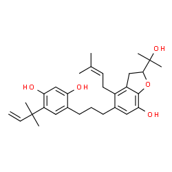 ChemSpider 2D Image | 4-{3-[7-Hydroxy-2-(2-hydroxy-2-propanyl)-4-(3-methyl-2-buten-1-yl)-2,3-dihydro-1-benzofuran-5-yl]propyl}-6-(2-methyl-3-buten-2-yl)-1,3-benzenediol | C30H40O5